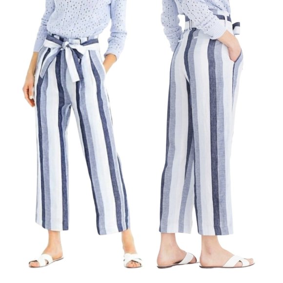 J. Crew Point Sur Linen Paperbag Pants 4 Blue Wide Leg Striped Belt Lined Casual